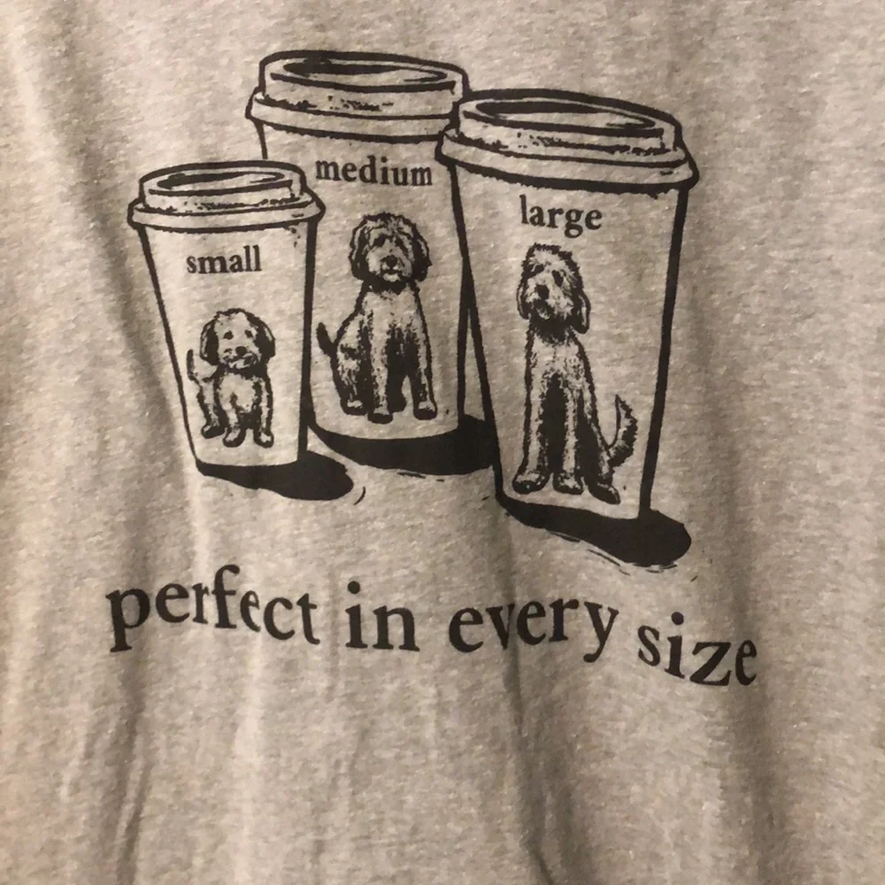 Womens Doodle Dog Perfect in every size coffee cup tee shirt sz L heather gray - Picture 2 of 5